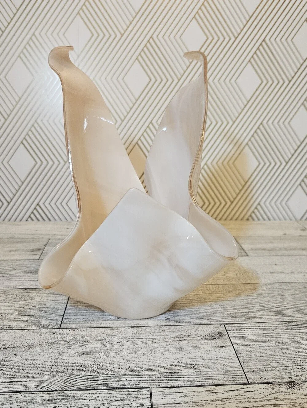 Handkerchief  Vase Candle Holder Abstract Pink And White Swirl Glass